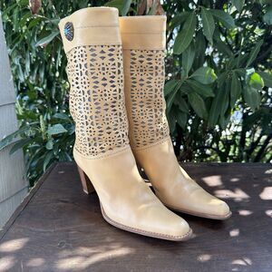 Stuart Weitzman Tan Leather Cutout Boots Turquoise Concho Boho Western Festival
